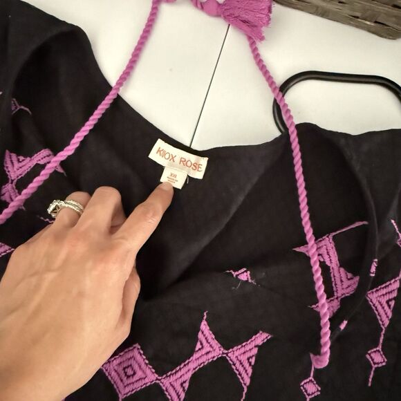 Knox Rose Shirt Womens XXL Black Magenta Flutter Short Sleeve Embroidered Top - Picture 6 of 11